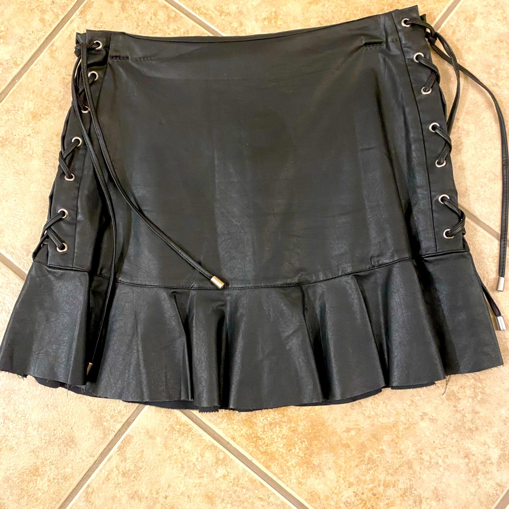 Zara Black faux Leather Skirt with Lace-Up Detail